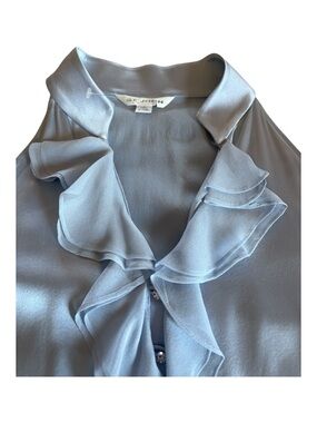 NWOT St John Light Blue Ruffle Front Silk Sleeveless Halter Neckline Blouse Sz L